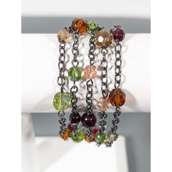 Green Red Glass Bead Gray Metal 5 Chain Toggle Bracelet 6.5" - Picture 1 of 7